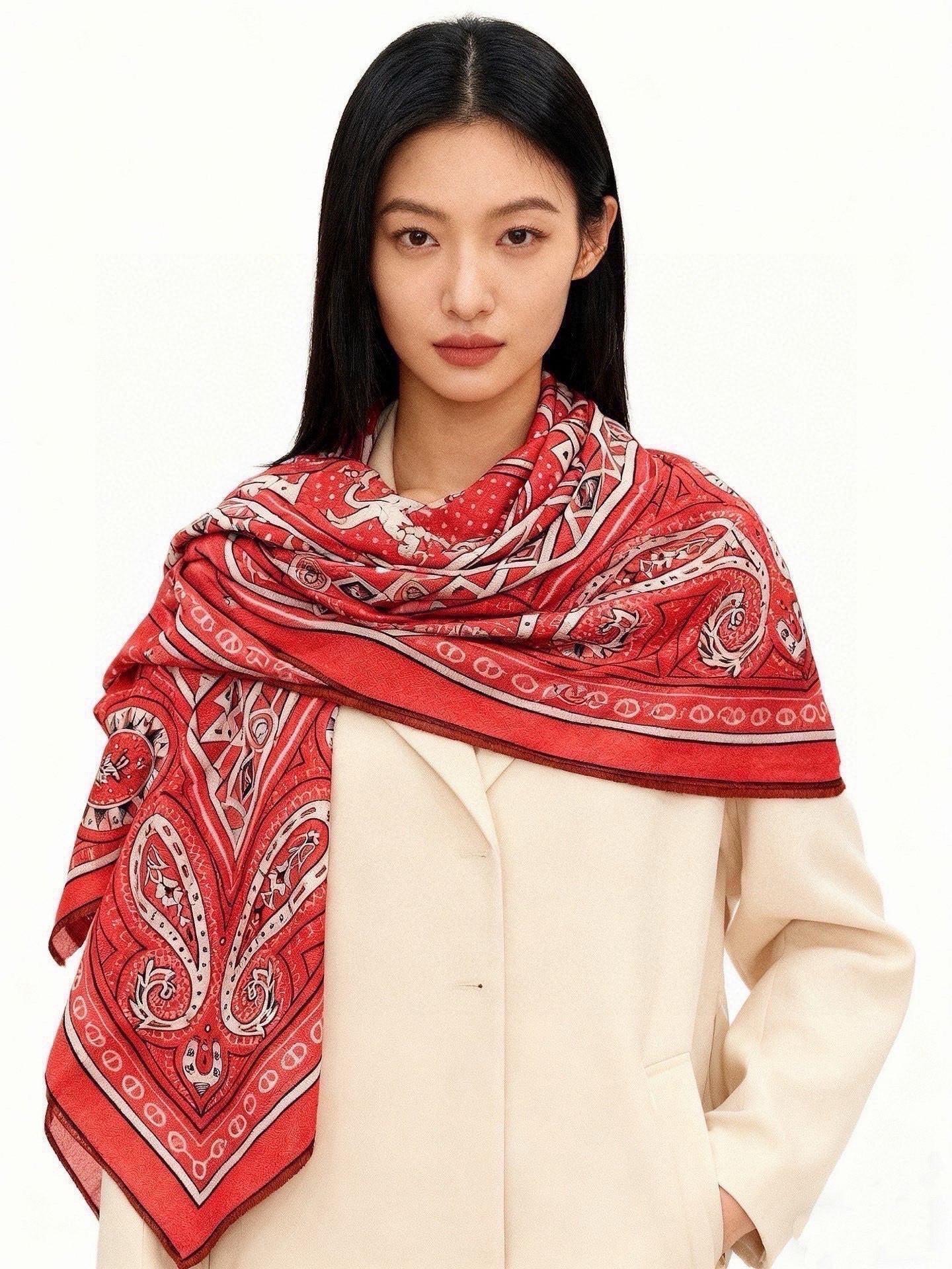 HM Cheval de Coeur Bandana Scarf 140*140cm Red Cashmere Silk 286287