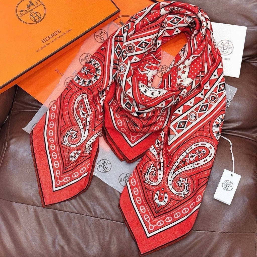 HM Cheval de Coeur Bandana Scarf 140*140cm Red Cashmere Silk 286287