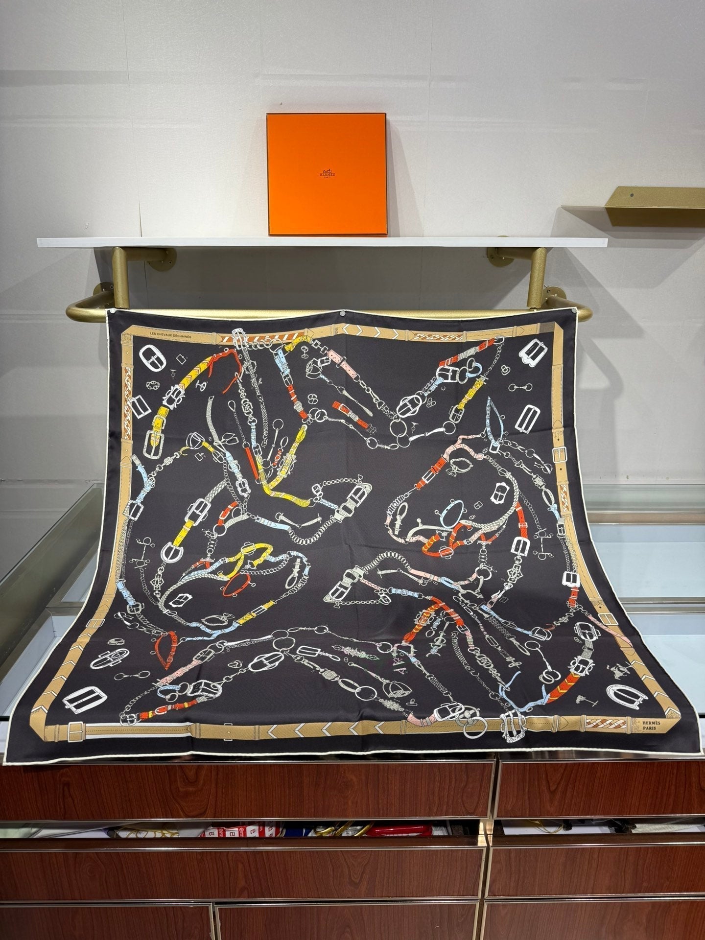 HM Les Chevaux Scarf 90x90 Black Colorful Twill Silk 209505