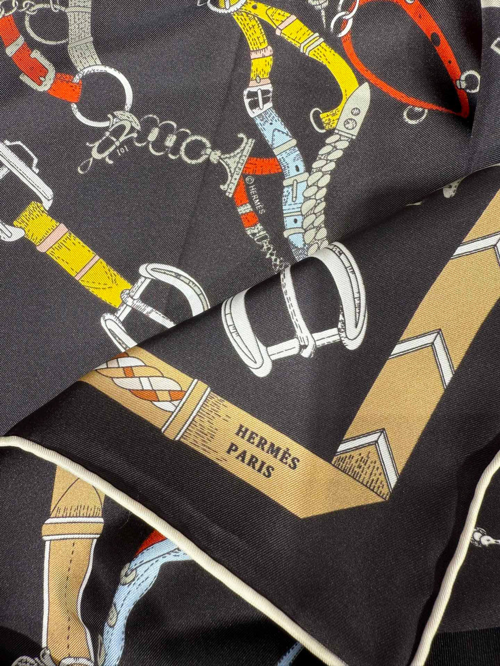HM Les Chevaux Scarf 90x90 Black Colorful Twill Silk 209505