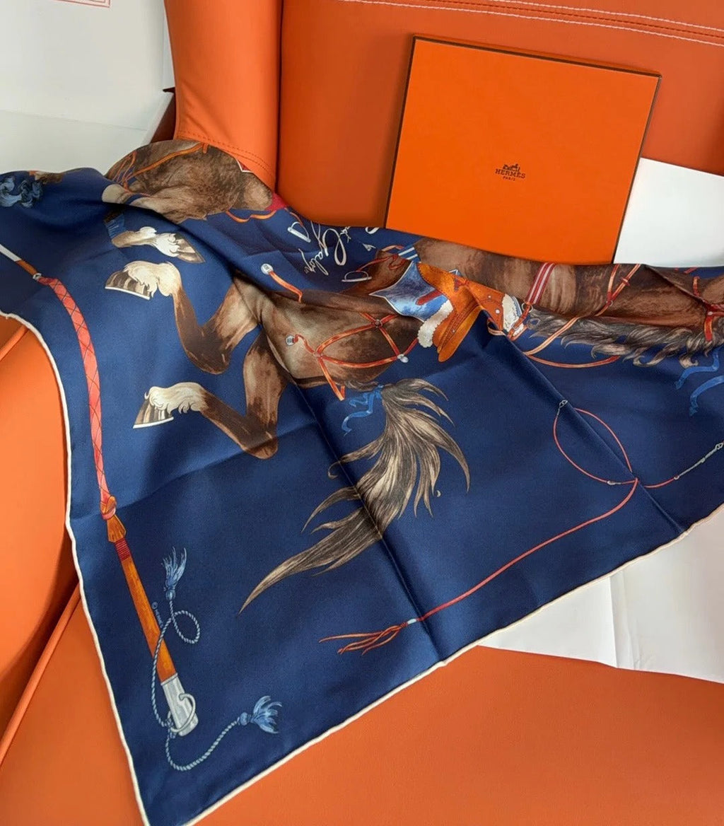 HM 26s 90 House Scarf Navy Blue Colorful Mulberry Silk 153365