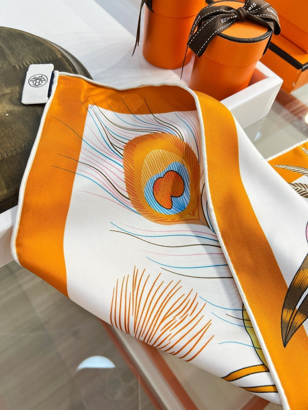 HM 26s 90 Double-sided Scarf White Orange Colorful Mulberry Silk 157529