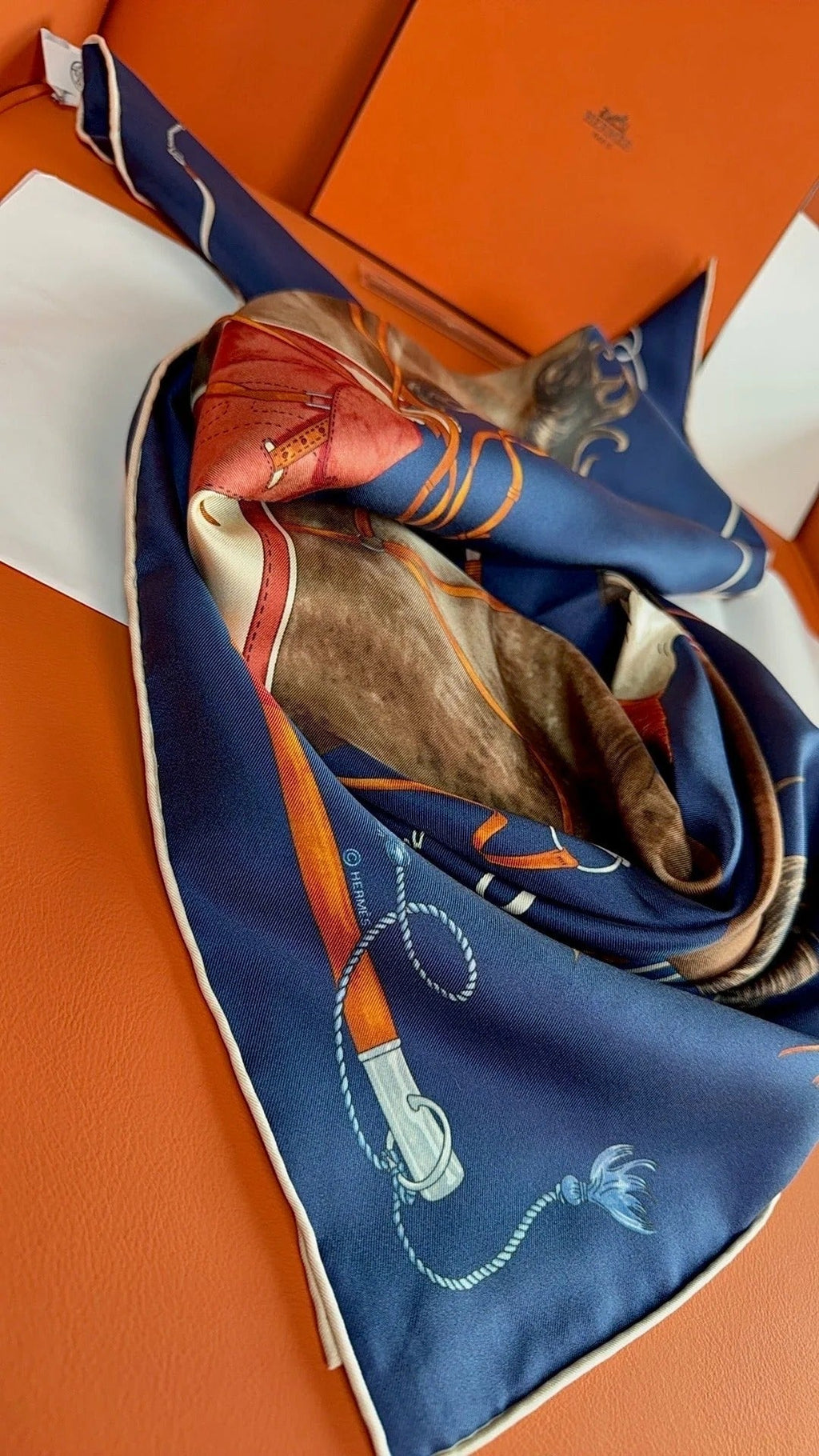 HM 26s 90 House Scarf Navy Blue Colorful Mulberry Silk 153365
